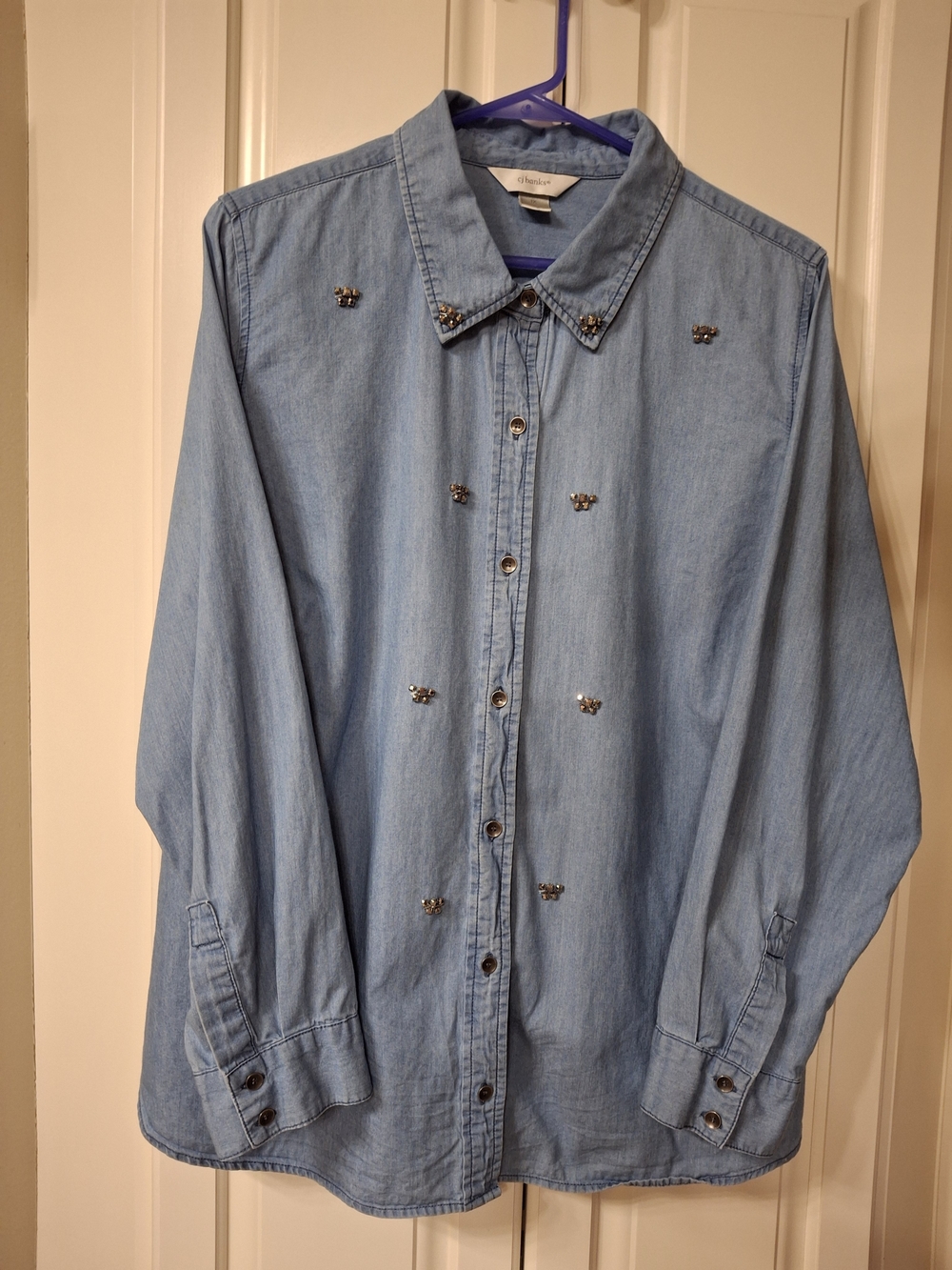 CJ Banks Light Blue Embellished Denim Button-Down Shirt